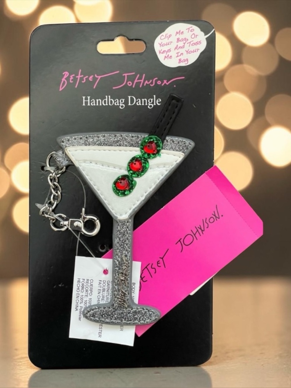 Betsey Johnson NWT Faux Leather  Glitter Martini Bag Charm